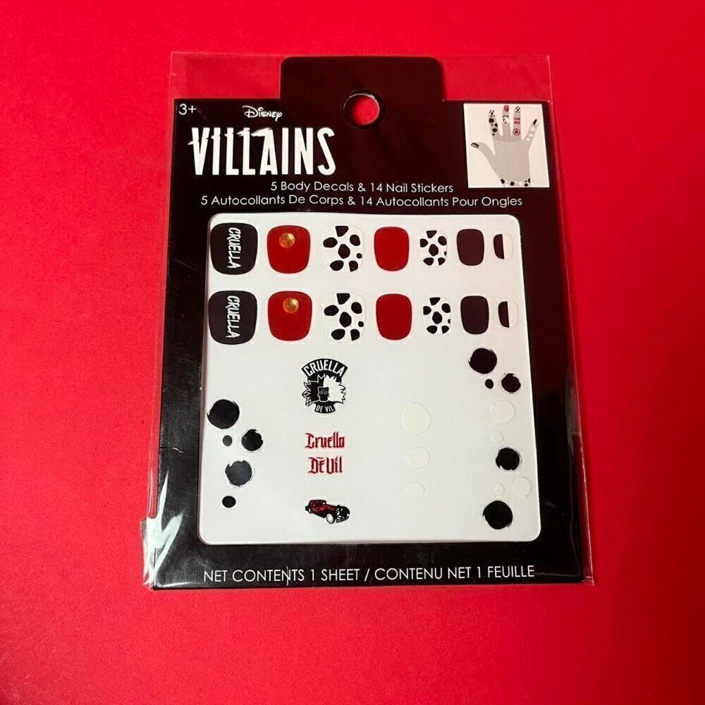 Spirit Halloween / Disney villains cruella devil nail stickers and hand tattoos